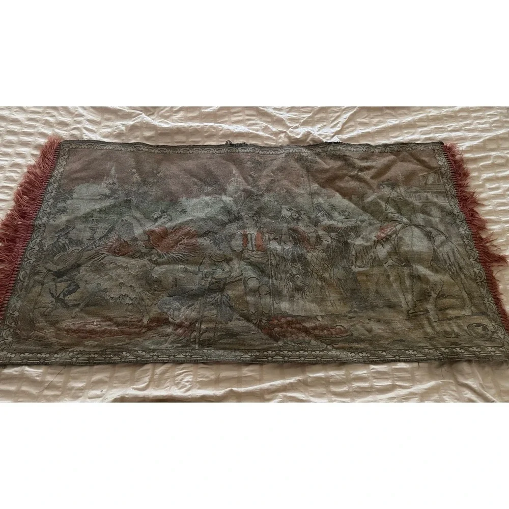Vintage Victorian European Tapestry 14x42, tassles, street party scene
